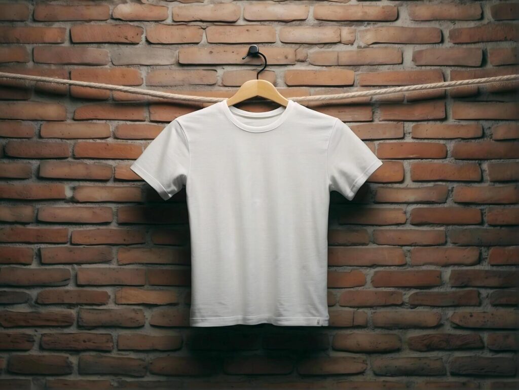 AI generated White blank empty t shirt Mock up template isolated on brick wall background, clothing and fashion, lifestyle concept Stock Free