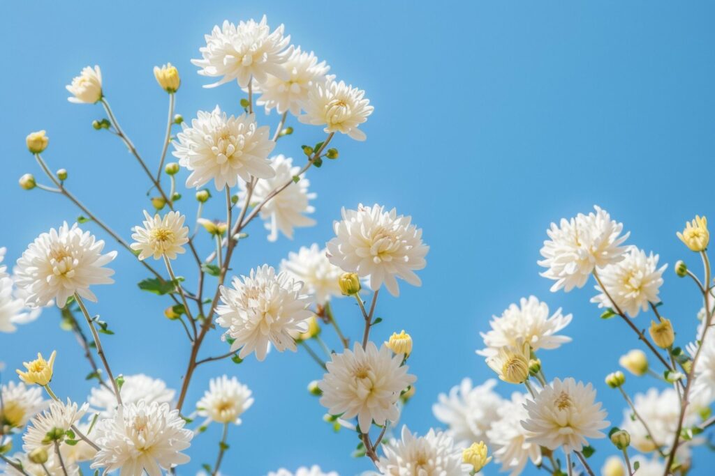 White Chrysanthemums Against Clear Blue Sky Free Photo