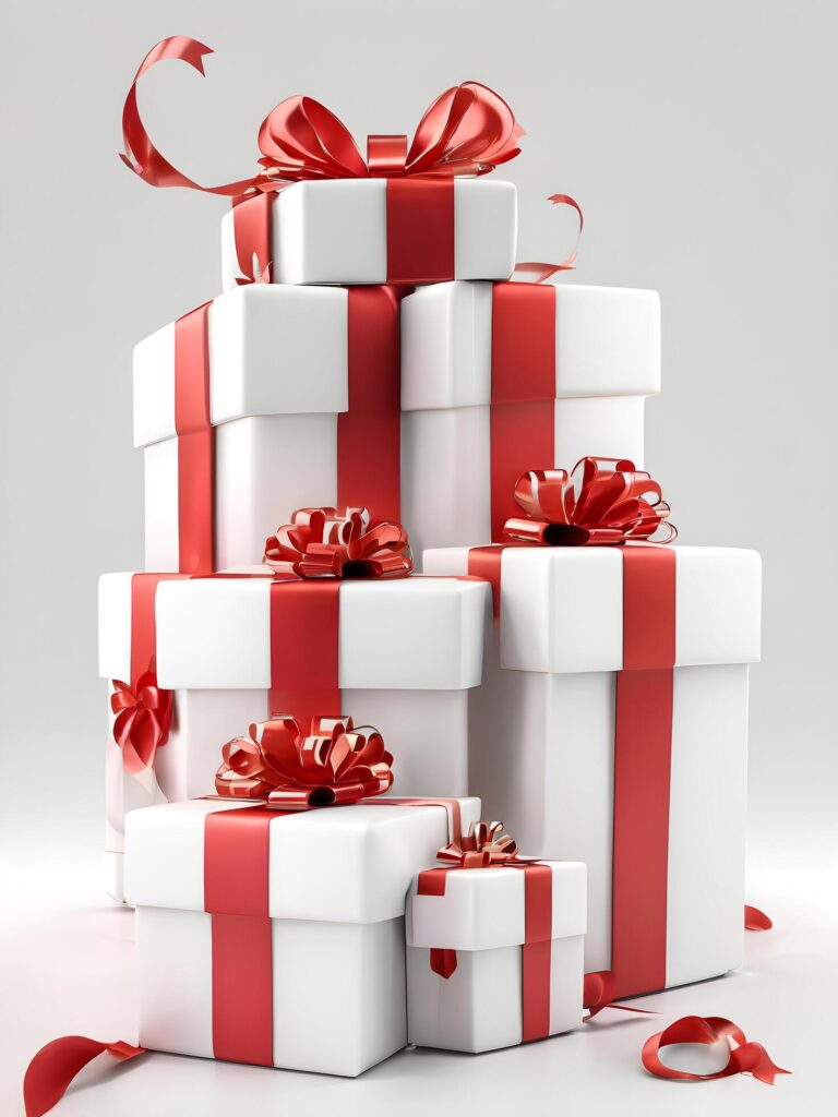 white gift boxes with red ribbons on white background Free Photo