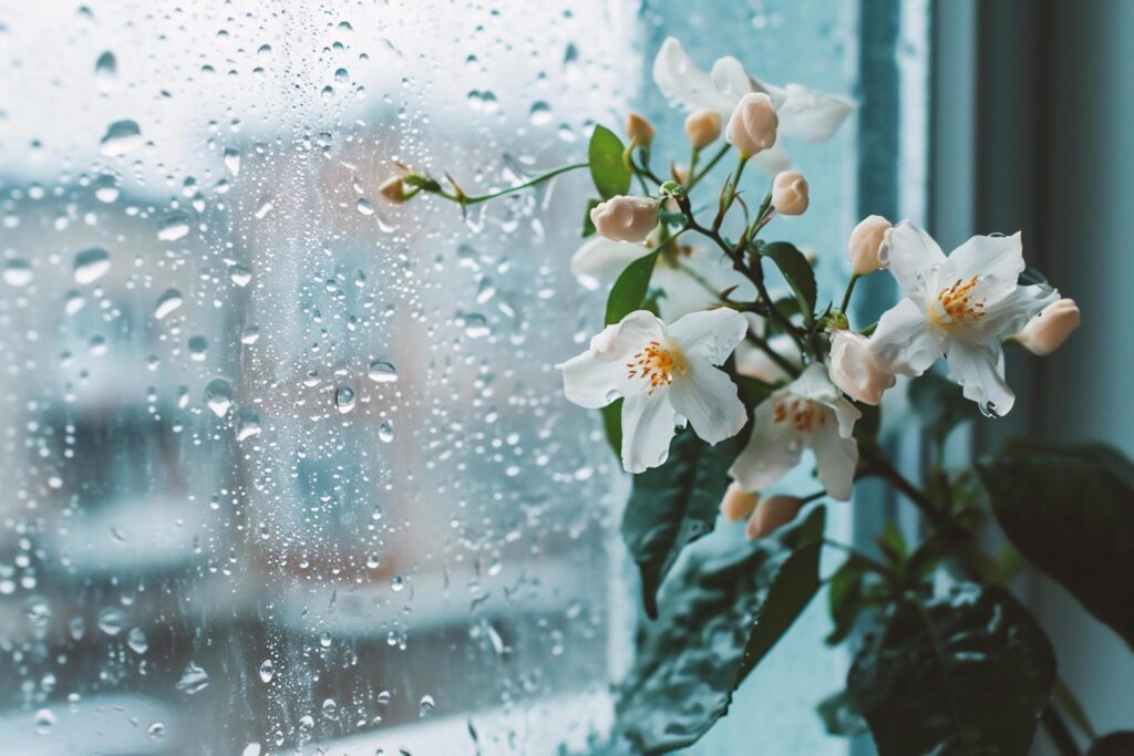 White jasmine flowers on the windowsill with raindrops. Free Photo