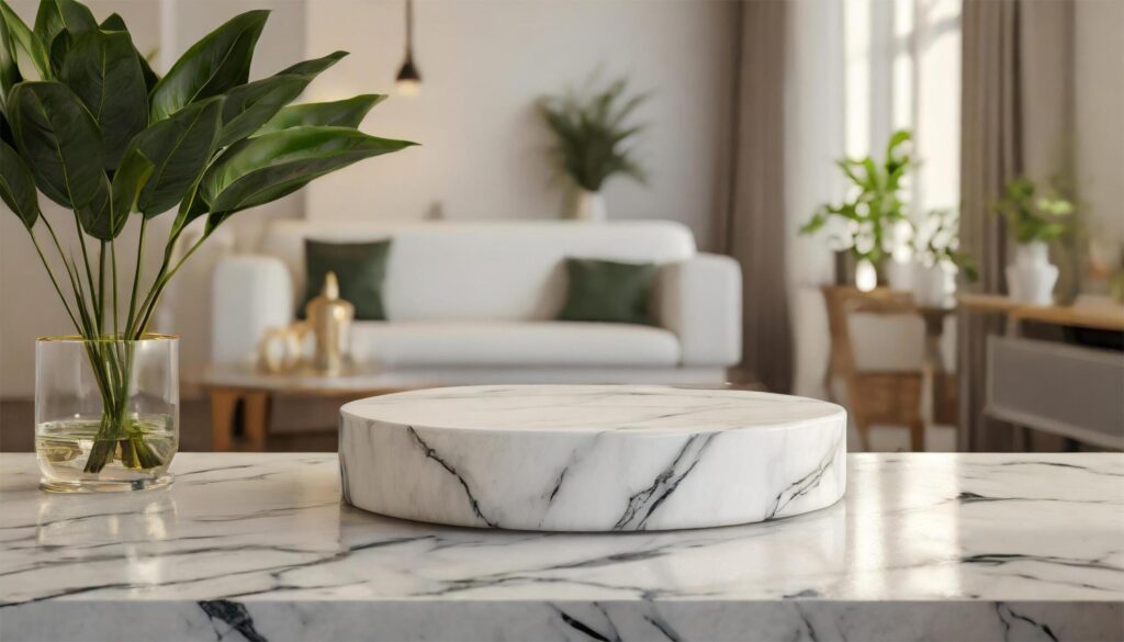 White marble podium table in modern living room, Mockup for design Free Photo