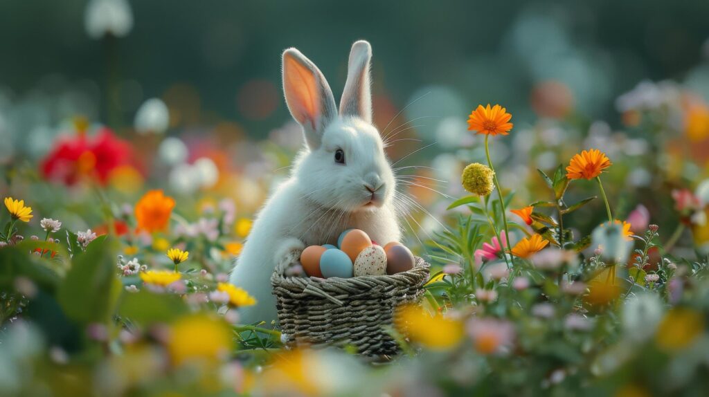 White Rabbit Sitting in Basket With Eggs Free Photo