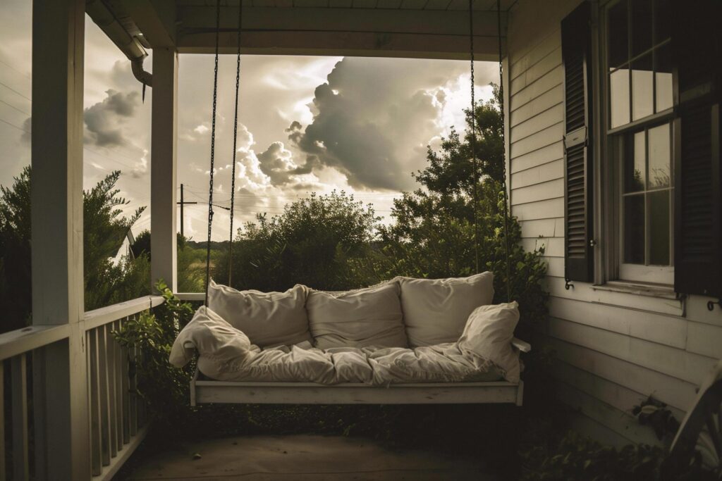 White sofa and cushions on balcony at sunset, vintage tone. Free Photo