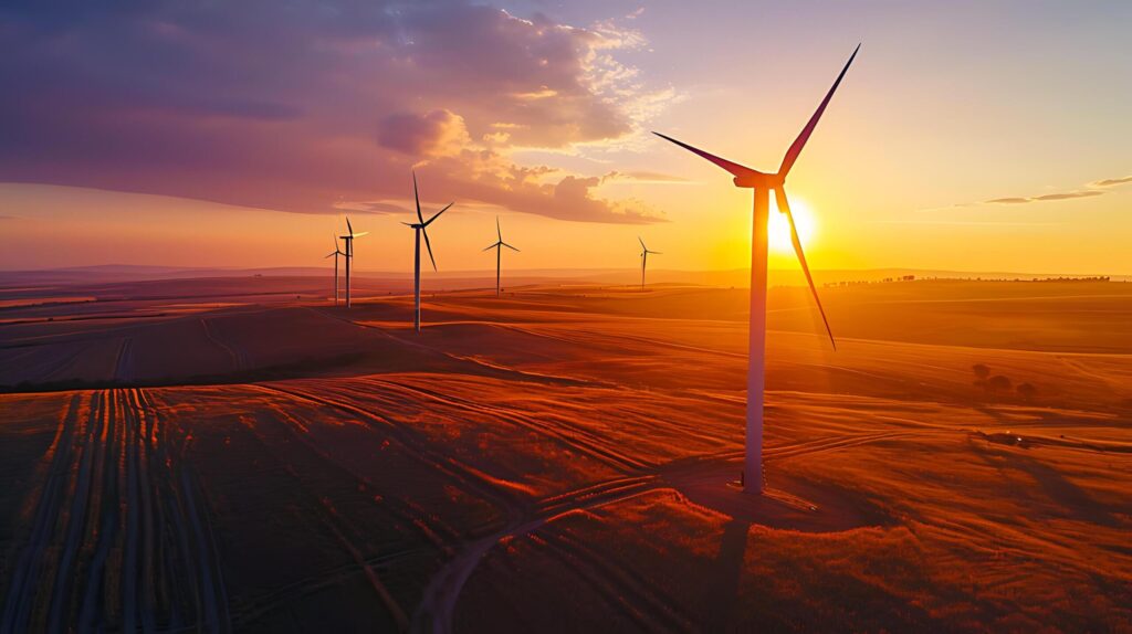 Wind turbines at sunset in a renewable energy landscape Free Photo