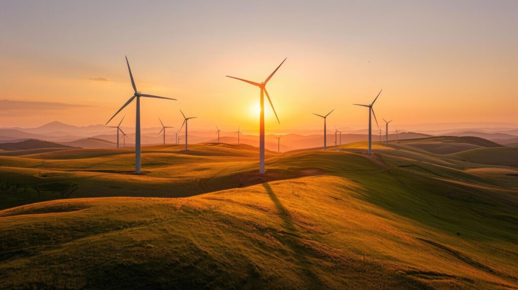 Wind turbines on rolling hills at sunrise with warm golden light casting long shadows Free Photo