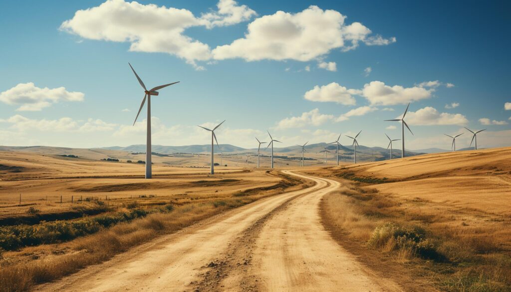 Wind turbines turning in a row, powering nature sustainable energy generated by AI Free Photo