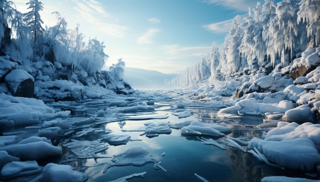 Winter landscape snow covered mountains reflect in tranquil icy waters generated by AI Free Photo