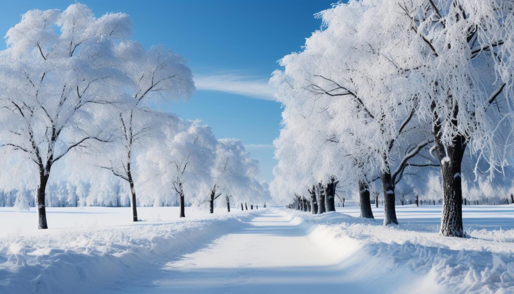 Winter landscape snow covered tree in a frosty forest generated by AI Free Photo