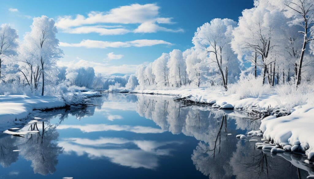 Winter landscape snow covered trees in a tranquil frozen forest generated by AI Free Photo