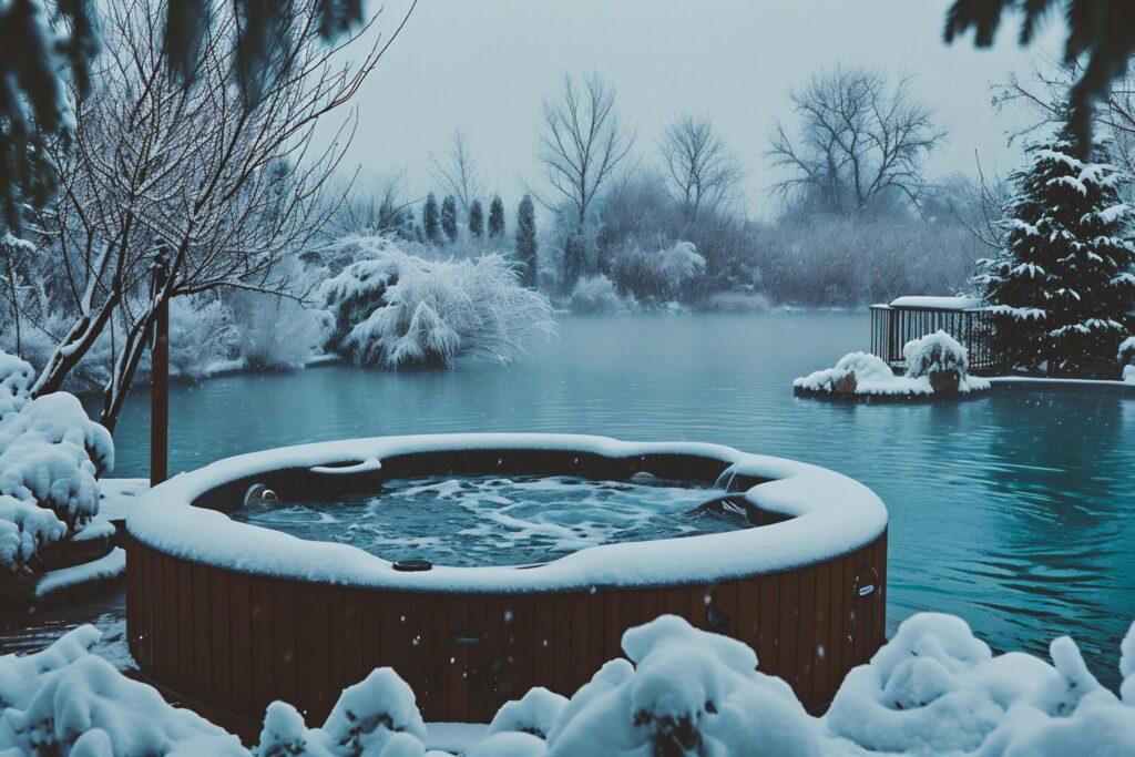 Winter landscape with snow covered trees, lake and hot tub Free Photo