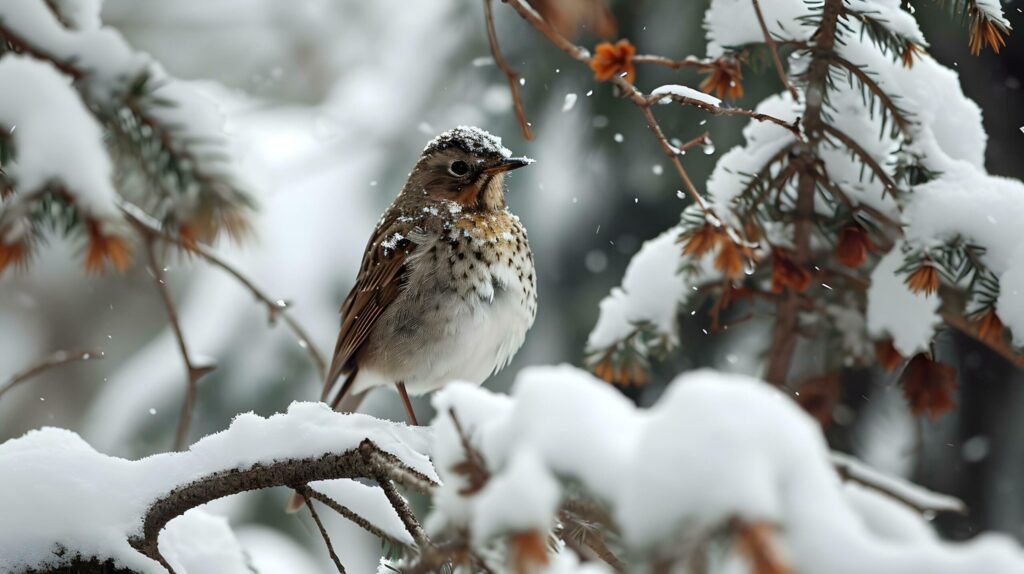 Winter Robin Perched Among Snowy Branches Free Photo