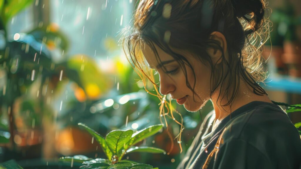 Woman appreciates the soothing rain amidst vibrant plants, a moment of connection with nature’s refreshing touch Free Photo