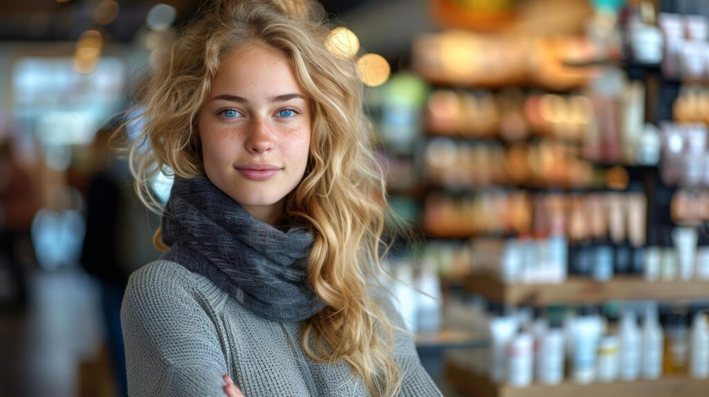 Woman at Bottle-filled Counter Free Photo