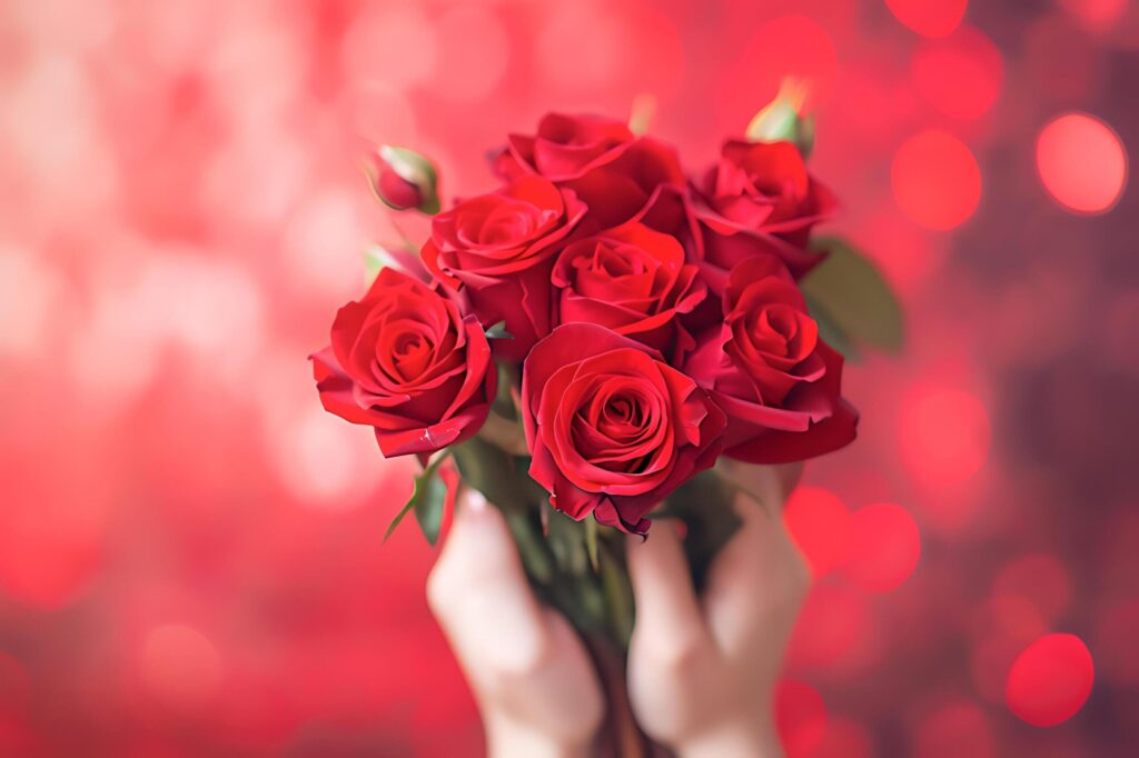 Woman hands holding bouquet of red roses against bokeh background Free Photo