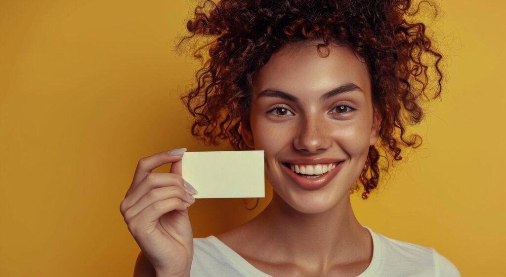 AI generated Woman Holding White Business Card in Front of Her Face Stock Free