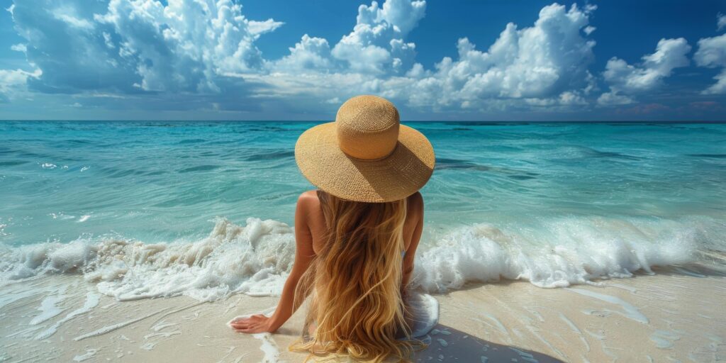 Woman in Bikini and Hat Standing on Beach Free Photo