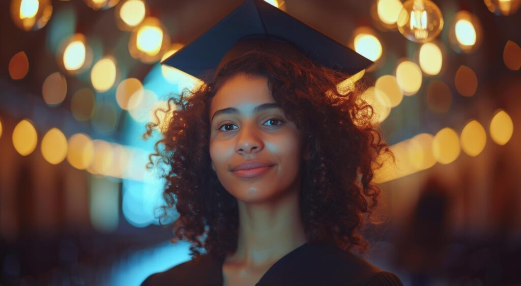 Woman in Graduation Cap and Gown in Room Free Photo