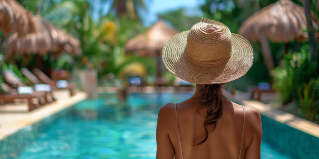 Woman in Hat Standing by Pool Free Photo