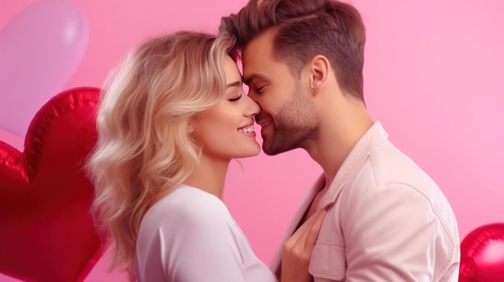 AI generated Woman kisses happy and smiling man Pink background with heart shape Valentine’s Day. Emotions. Lifestyle. Stock Free