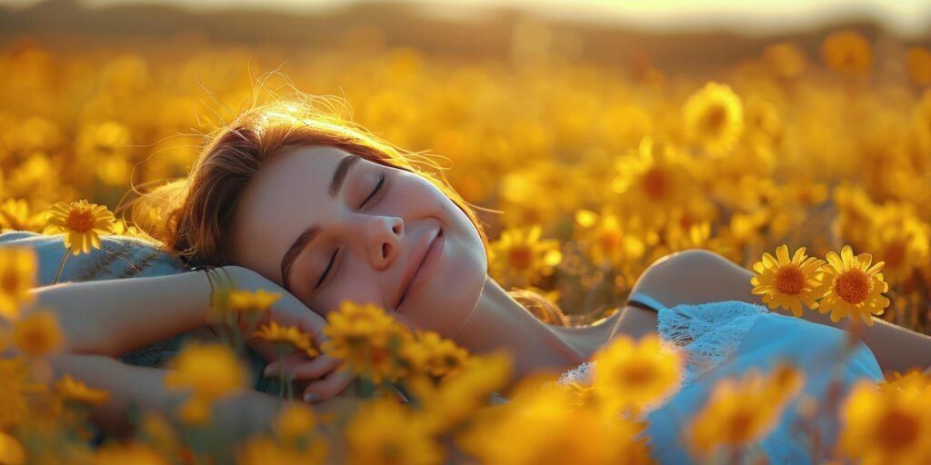 Woman Laying in a Field of Sunflowers Free Photo