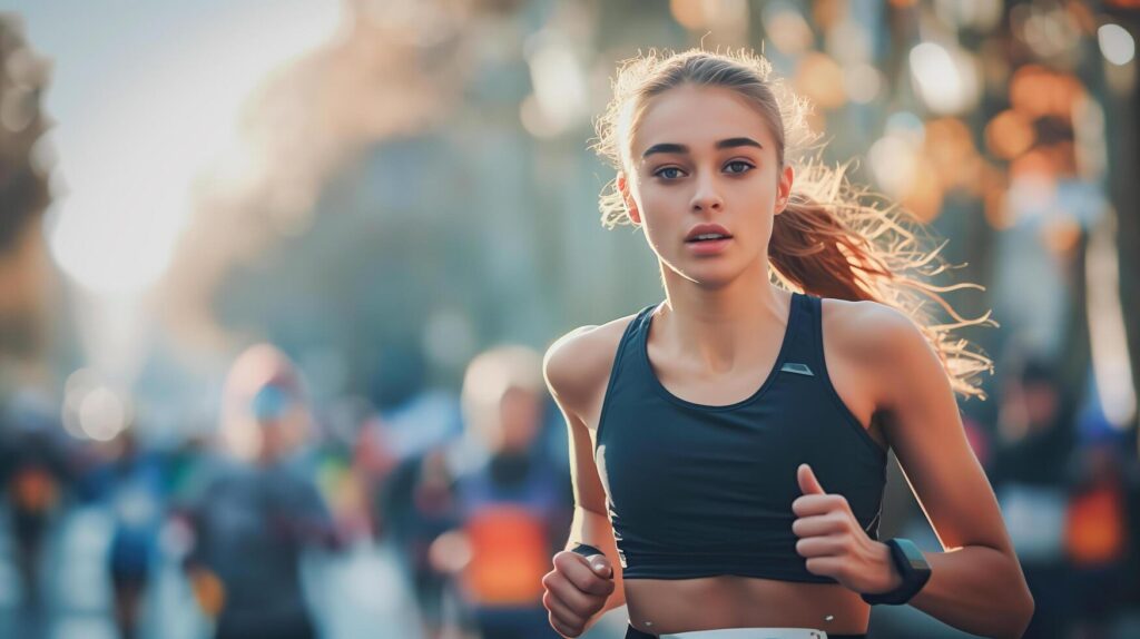 AI generated Woman running in a busy city street, perfect for fitness websites, urban lifestyle blogs, and health related social media posts. Stock Free