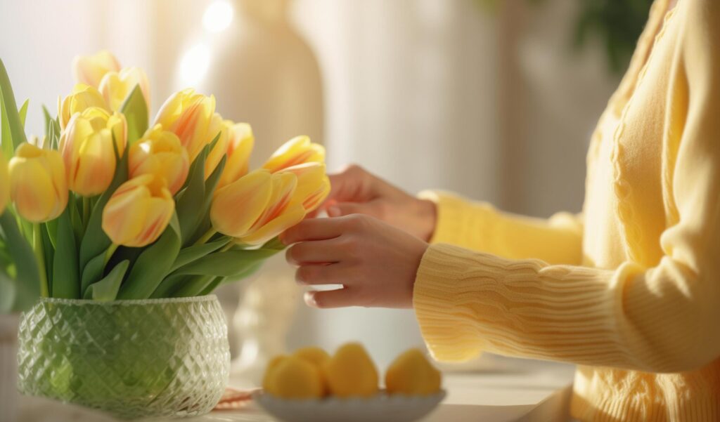 Woman’s hands arranging yellow tulips in a vase. Free Photo