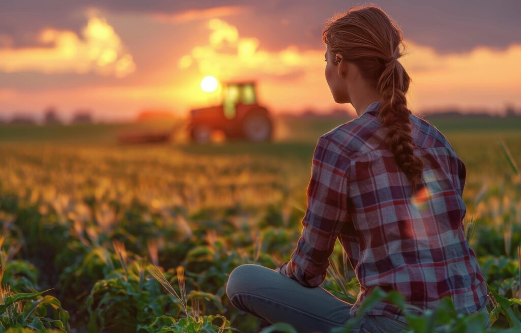 Woman Sitting in Field With Tractor in Background Free Photo