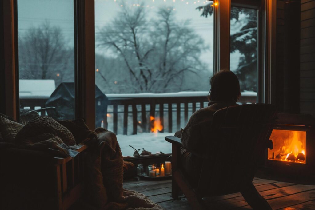 Woman sitting on the porch of a country house by the fireplace in winter. Free Photo