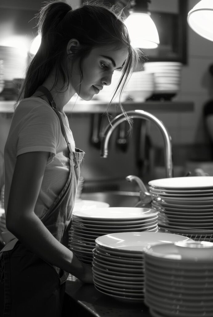 Woman Standing in Kitchen Next to Stacks of Plates Free Photo