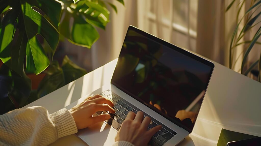 Woman Typing on Modern Laptop in Stylish Workspace Bathed in Soft Natural Light Free Photo