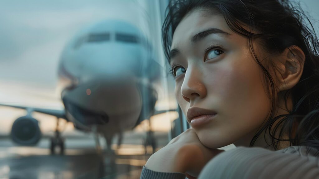 Woman Watches Airplane Takeoff Through Window Hand on Glass Captured with 50mm Lens Focus on Face and Background Free Photo