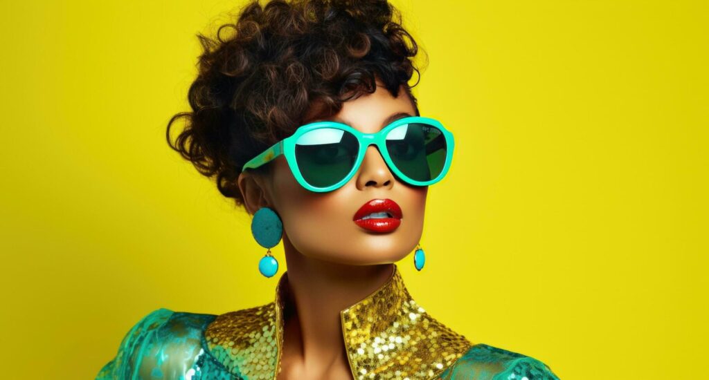 AI generated woman wearing sunglasses with a green background Stock Free