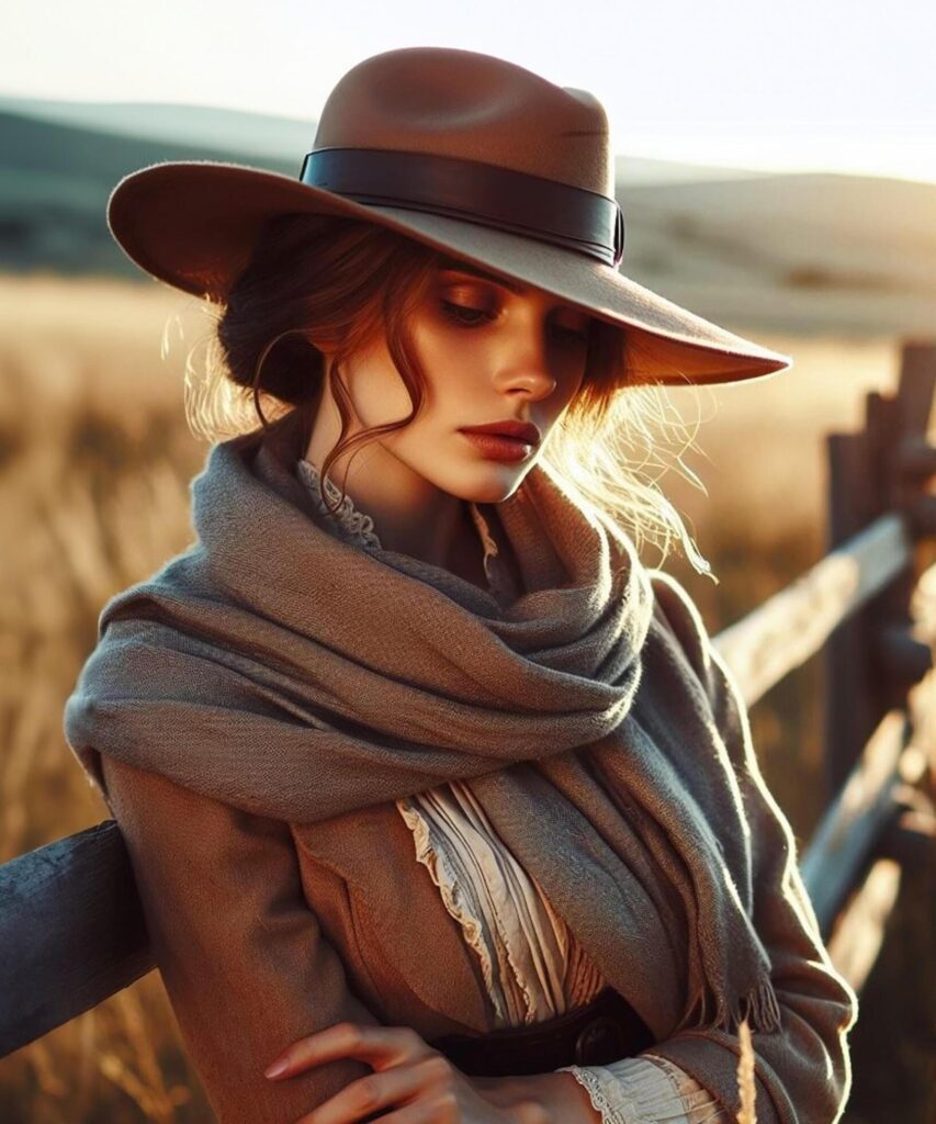 Woman with prairie hat and scarf, leaning on fence, exudes serenity Free Photo