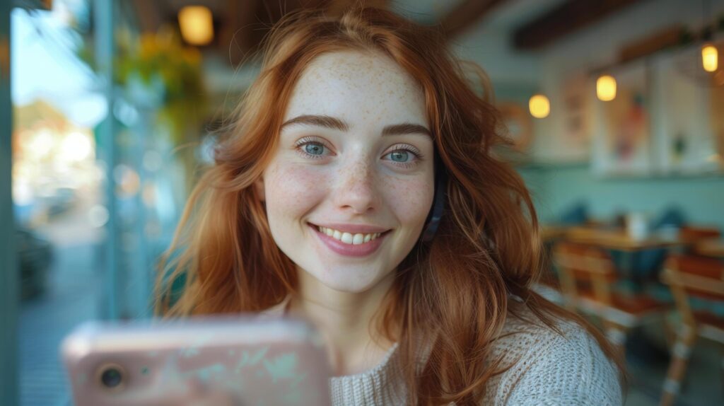 Woman With Red Hair Looking at Cell Phone Free Photo