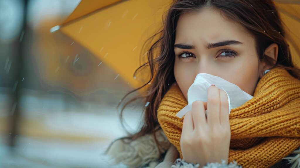 Woman With Umbrella Blowing Her Nose Free Photo