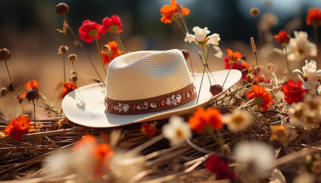 Women in straw hats relax in a meadow of flowers generated by AI Free Photo