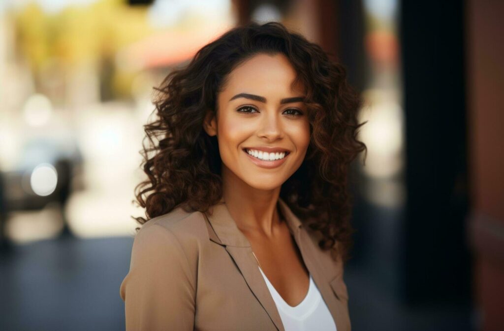 AI generated women smiling in a business suit in the city Stock Free