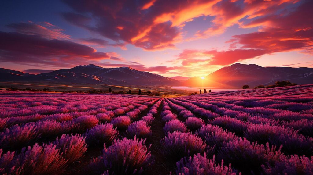 AI generated Wonderful scenery, amazing summer landscape of blooming lavender flowers, peaceful sunset view, agriculture scenic. Beautiful nature background Stock Free