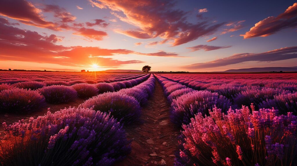 Wonderful scenery, amazing summer landscape of blooming lavender flowers, peaceful sunset view, agriculture scenic. Beautiful nature background Free Photo