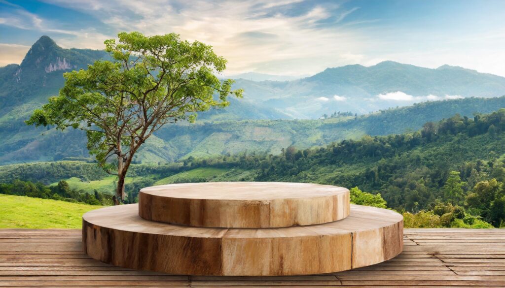 wood podium mockup with mountain view background Free Photo