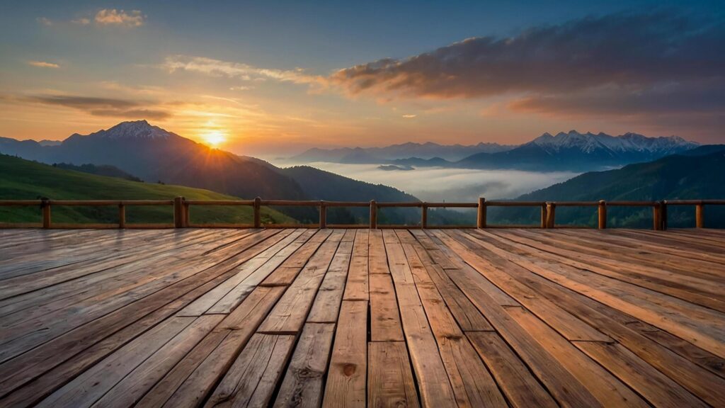 Wooden balcony with sunset and mountain views Beautiful panoramic natural scenery Free Photo