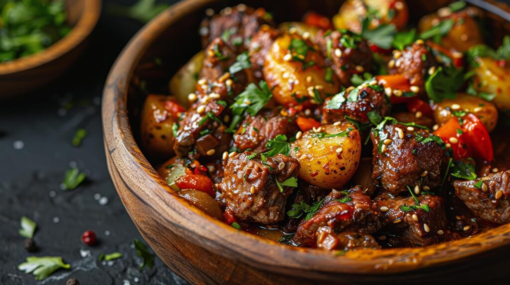 Wooden Bowl With Meat and Vegetables Free Photo