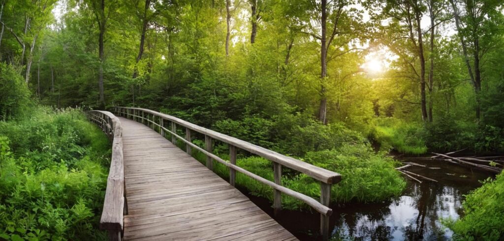 wooden bridge in the forest, beautiful summertime bridge and lake in natural wooden path panorama image Free Photo