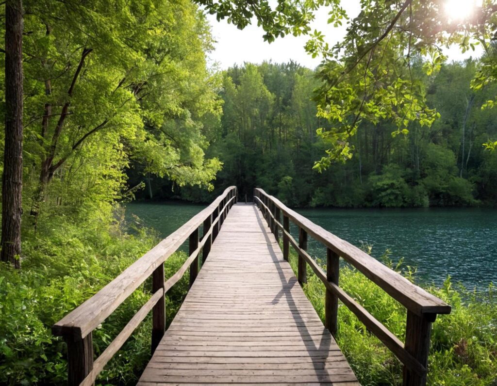 wooden bridge in the river, beautiful summertime bridge and lake in natural wooden path panorama image Free Photo