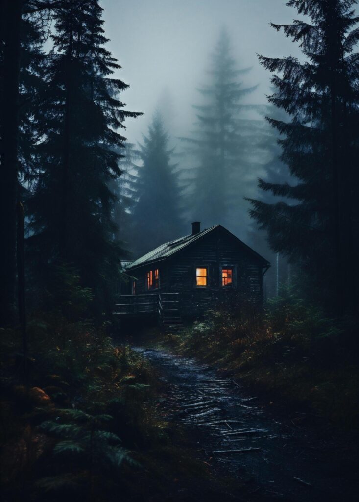 Wooden cottage in the foggy forest at night. Free Photo