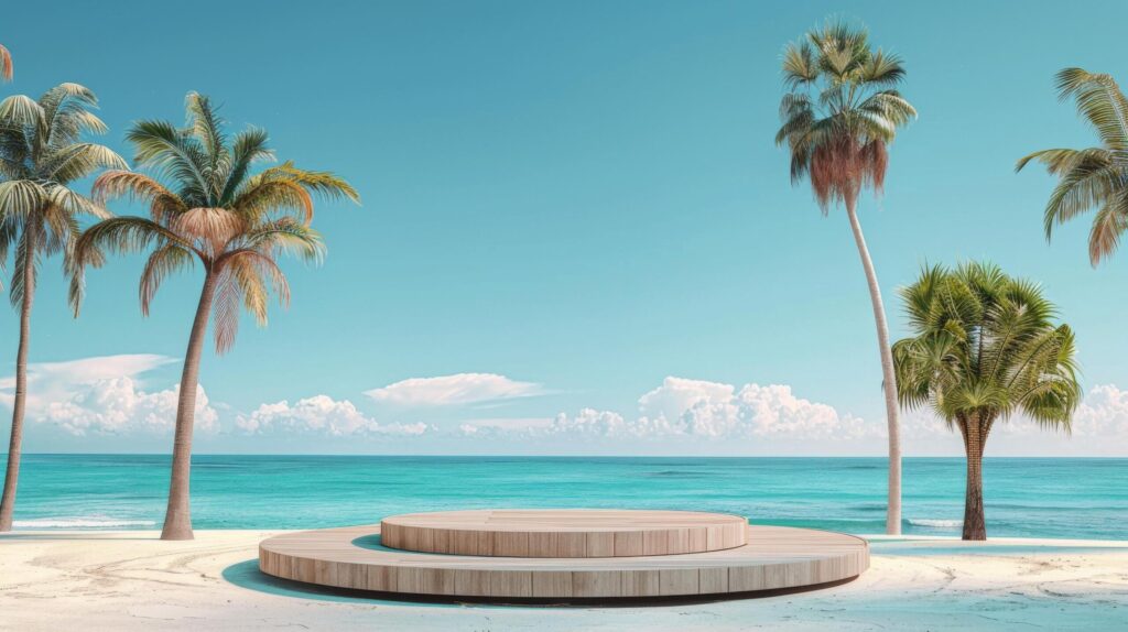 Wooden Deck Overlooking Ocean With Palm Trees Free Photo