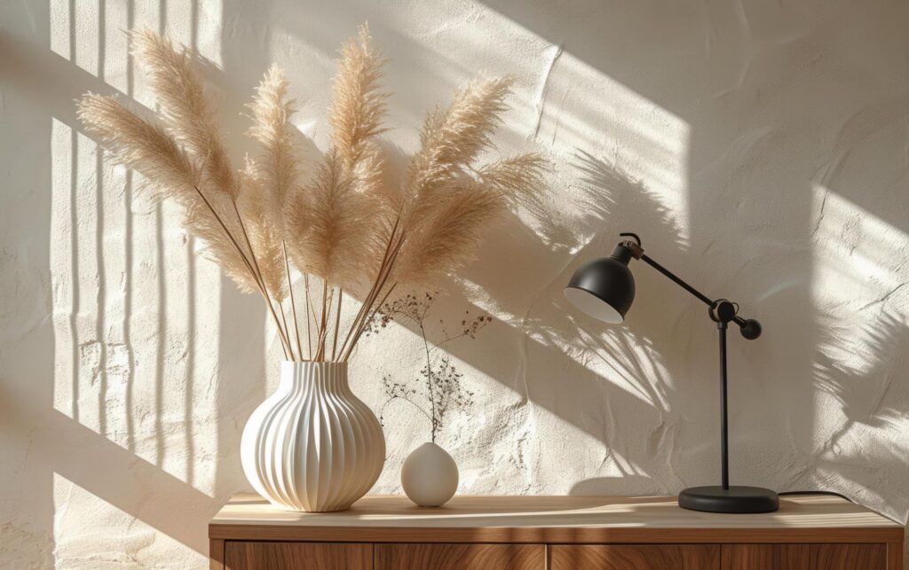 Wooden Sideboard Decorated with Stylish Lamp and Sunlit Pampas Grass Free Photo