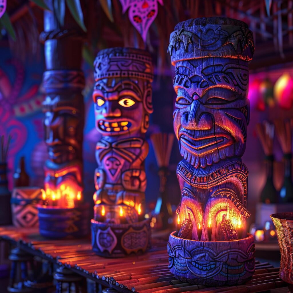 Wooden tiki torches emit a warm glow, enhancing the ambience of a festive Polynesian themed Free Photo