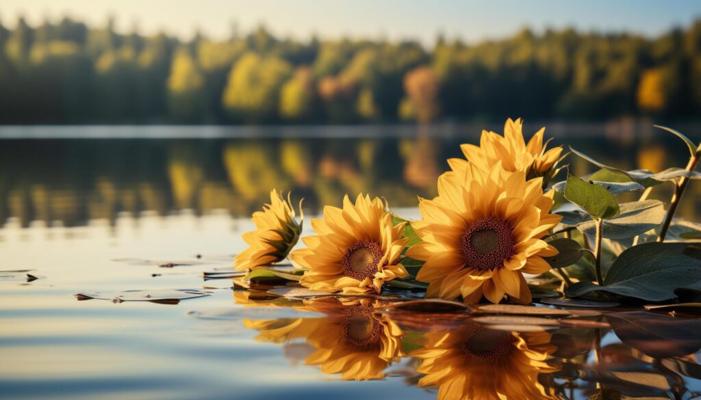 Yellow sunflower reflects beauty in nature, tranquil scene outdoors generated by AI Free Photo