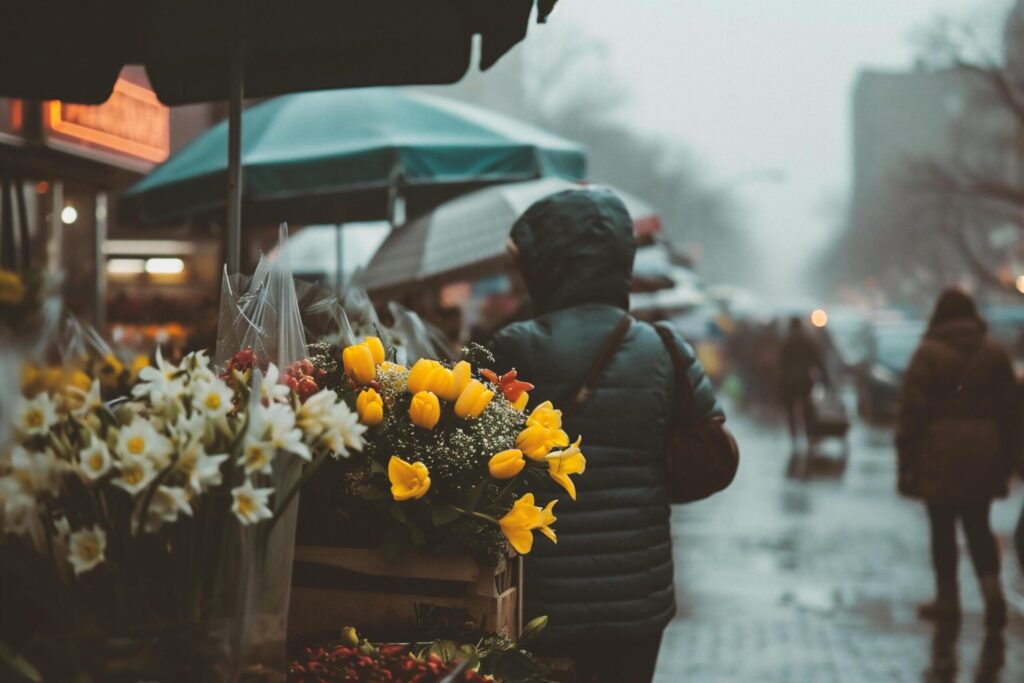 Yellow tulips in a wooden box on the street in rainy weather Free Photo